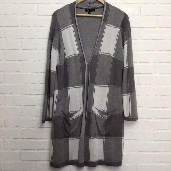 LONG duster long sweater Cardigan Robe plaid grey white pockets XL - Picture 13 of 14